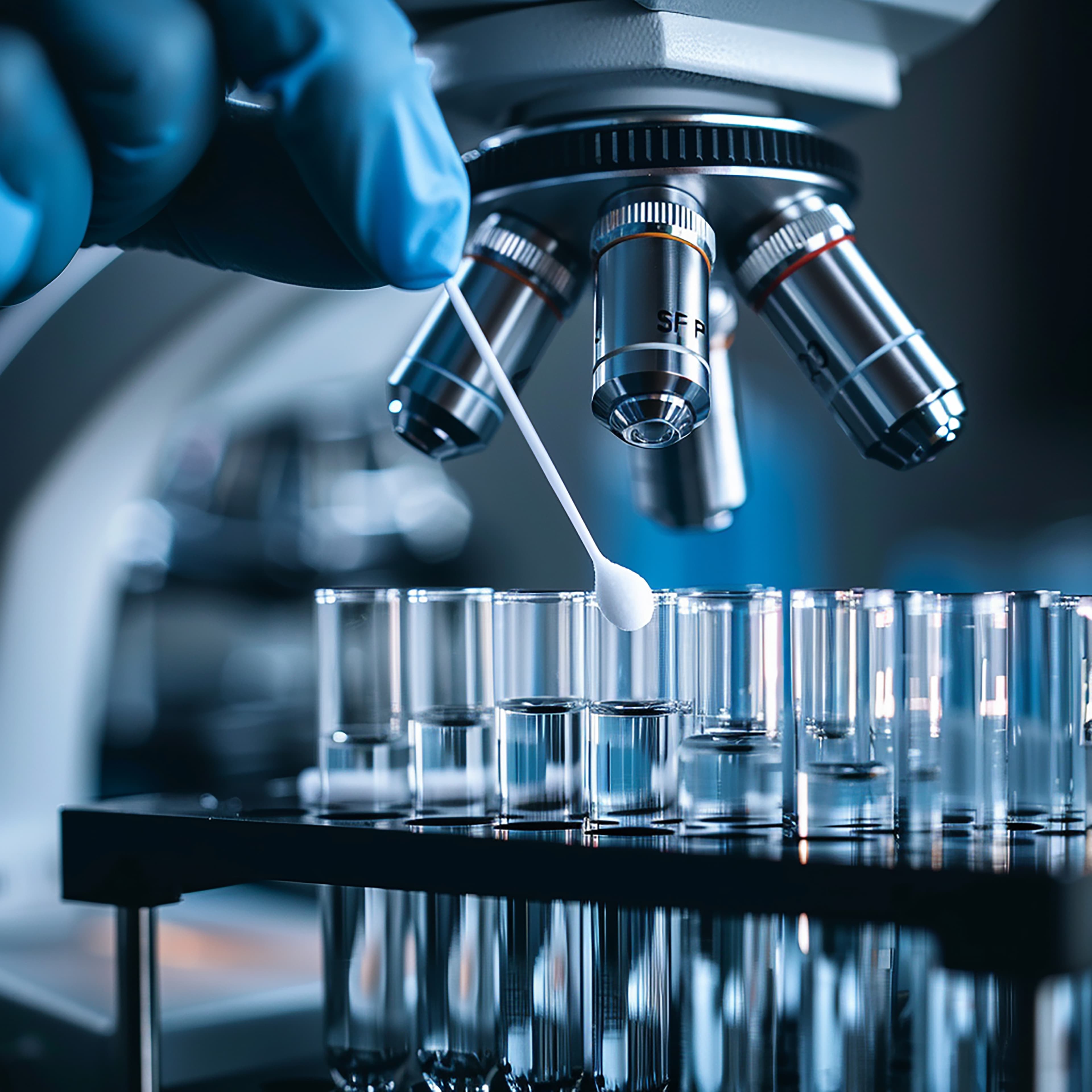 Scientific research laboratory with microscope and test tubes